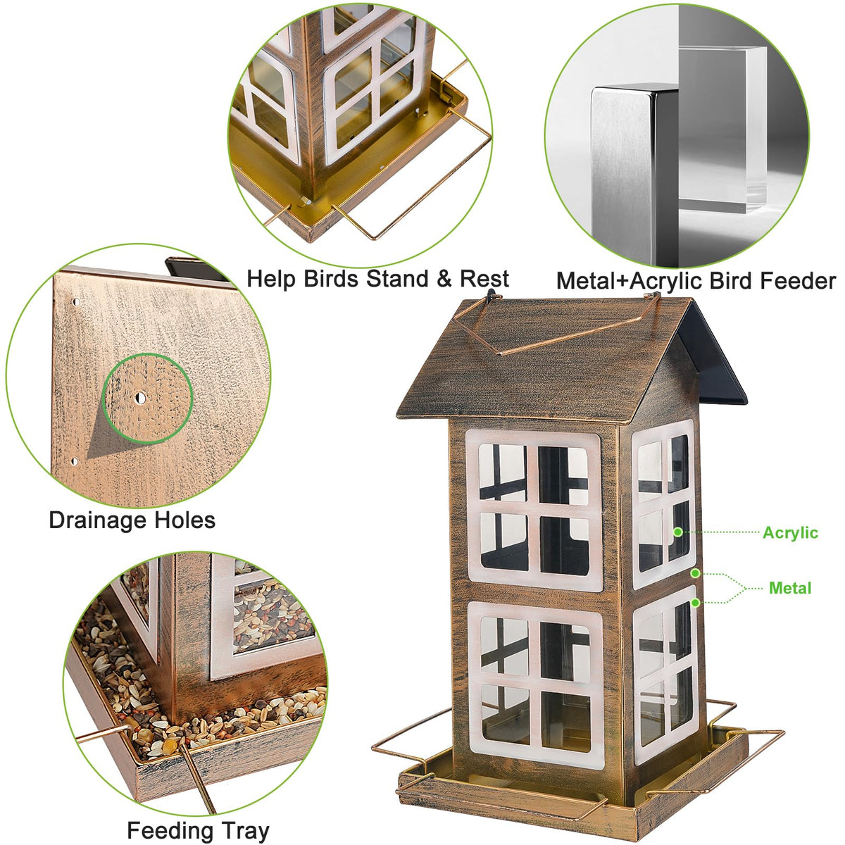 IWNTWY bird feeder bronze finish emphasizes weatherproof metal construction