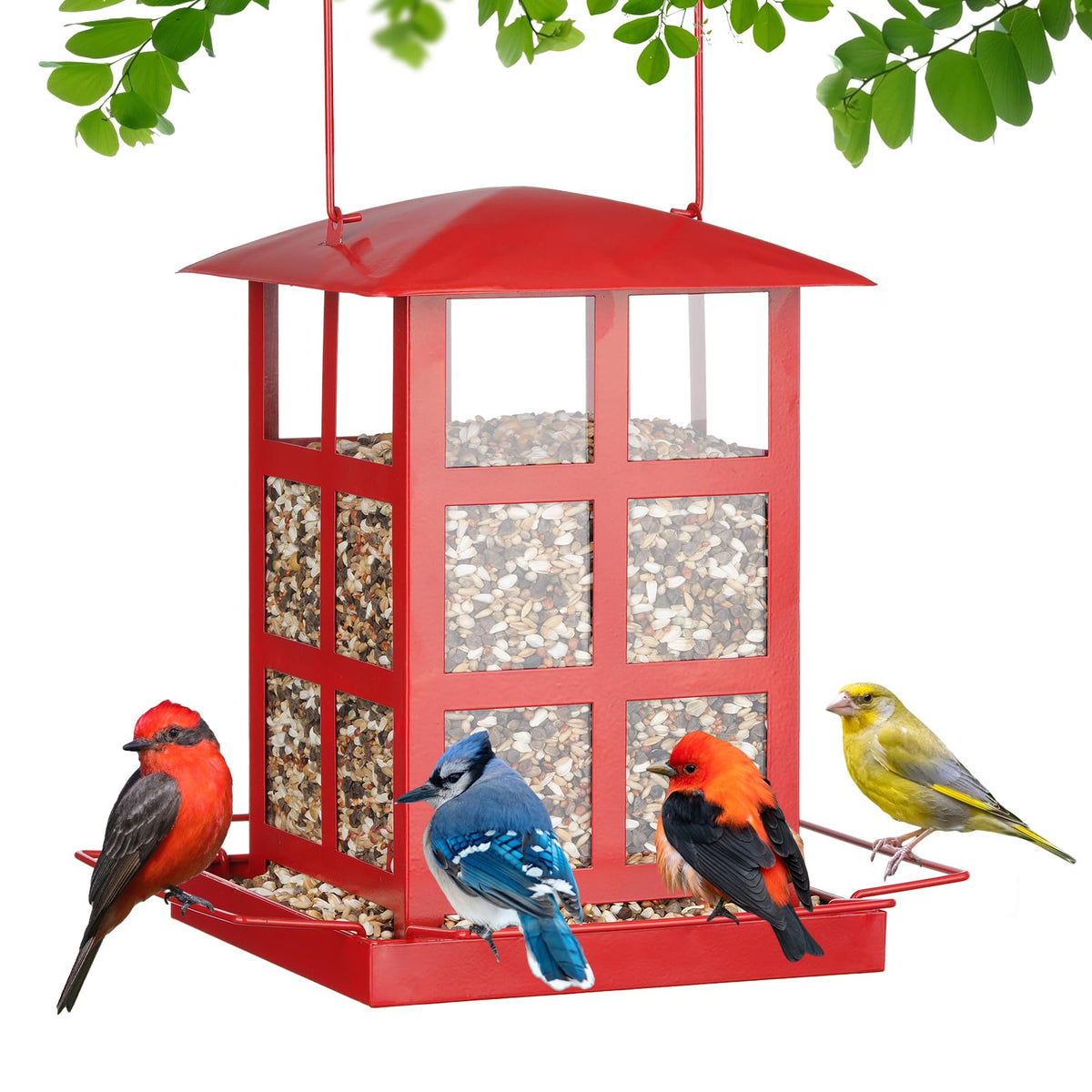 IWNTWY bird feeder red house front view with four ports for multiple birds