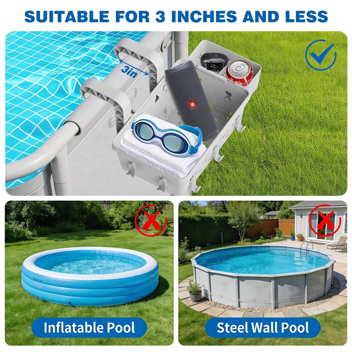 IZCUZK hanging basket over pool rail provides quick-access organization for goggles and sunscreen.