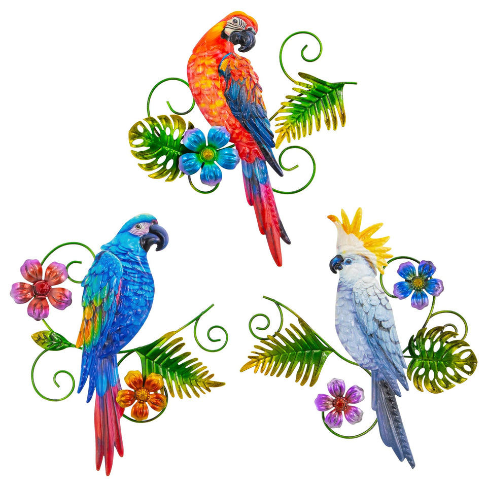 J-Fly three-parrots metal wall decor for outdoor yard charm.