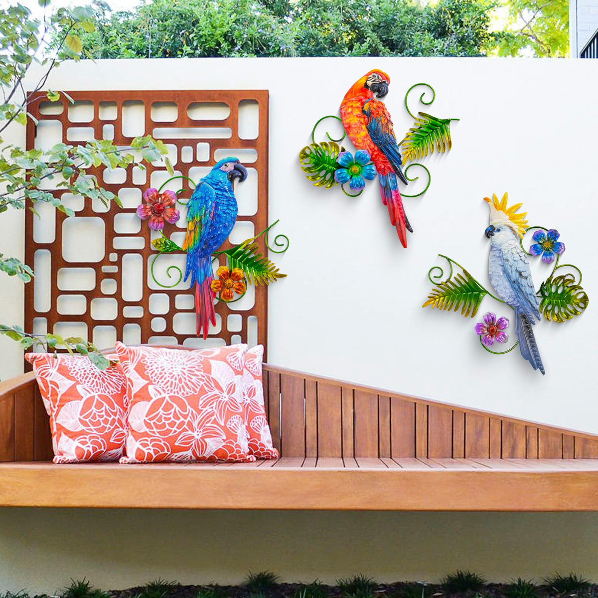 J-Fly outdoor yard decor enhances curb appeal with vibrant parrots.