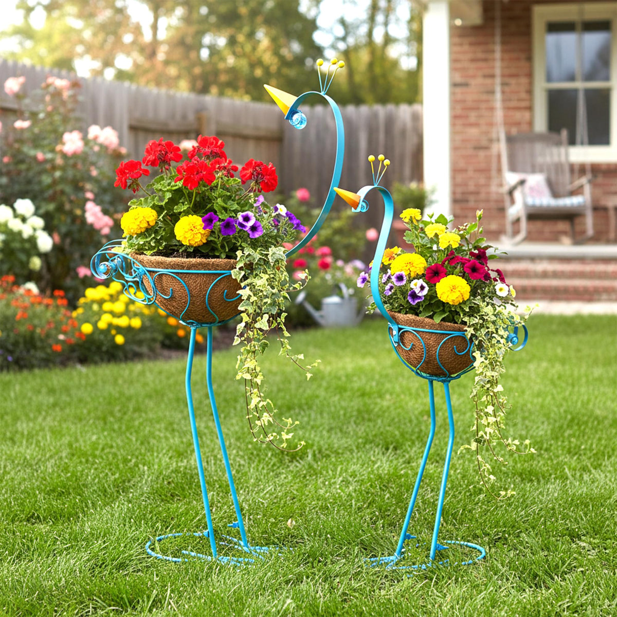 J-Fly Peacock metal plant stand pair showing elegant indoor and outdoor display