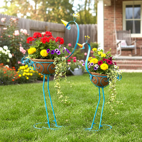 J-Fly Peacock metal plant stand pair showing elegant indoor and outdoor display