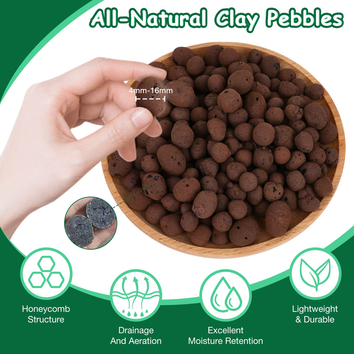 Jabrand LECA pebbles 4-16mm showing size variety for pots, promoting drainage