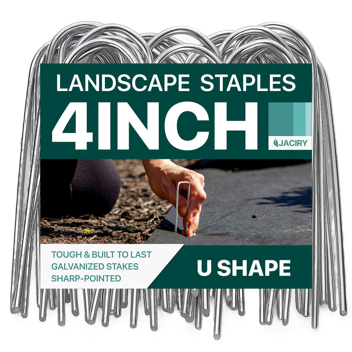 Jaciry U-shaped 4-inch stakes securing landscape fabric in a garden.