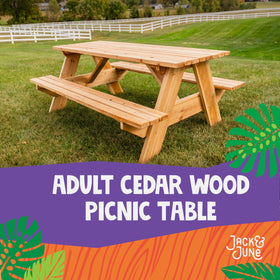 Jack and June cedar picnic table legs assembly demonstrating easy setup and stability