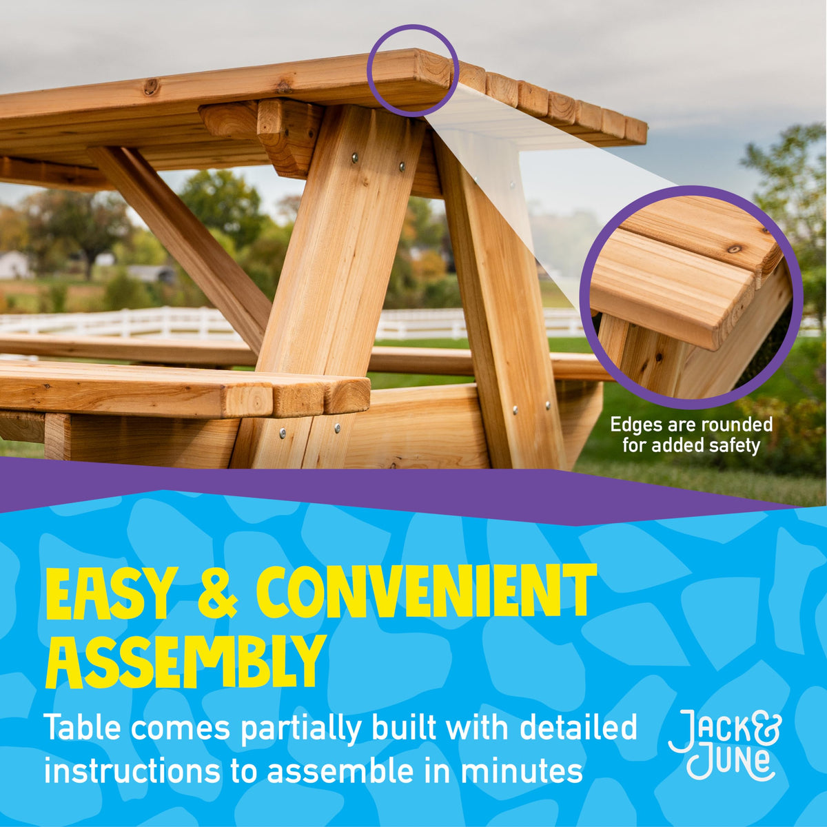 Jack and June cedar table rounded corners improve kid safety