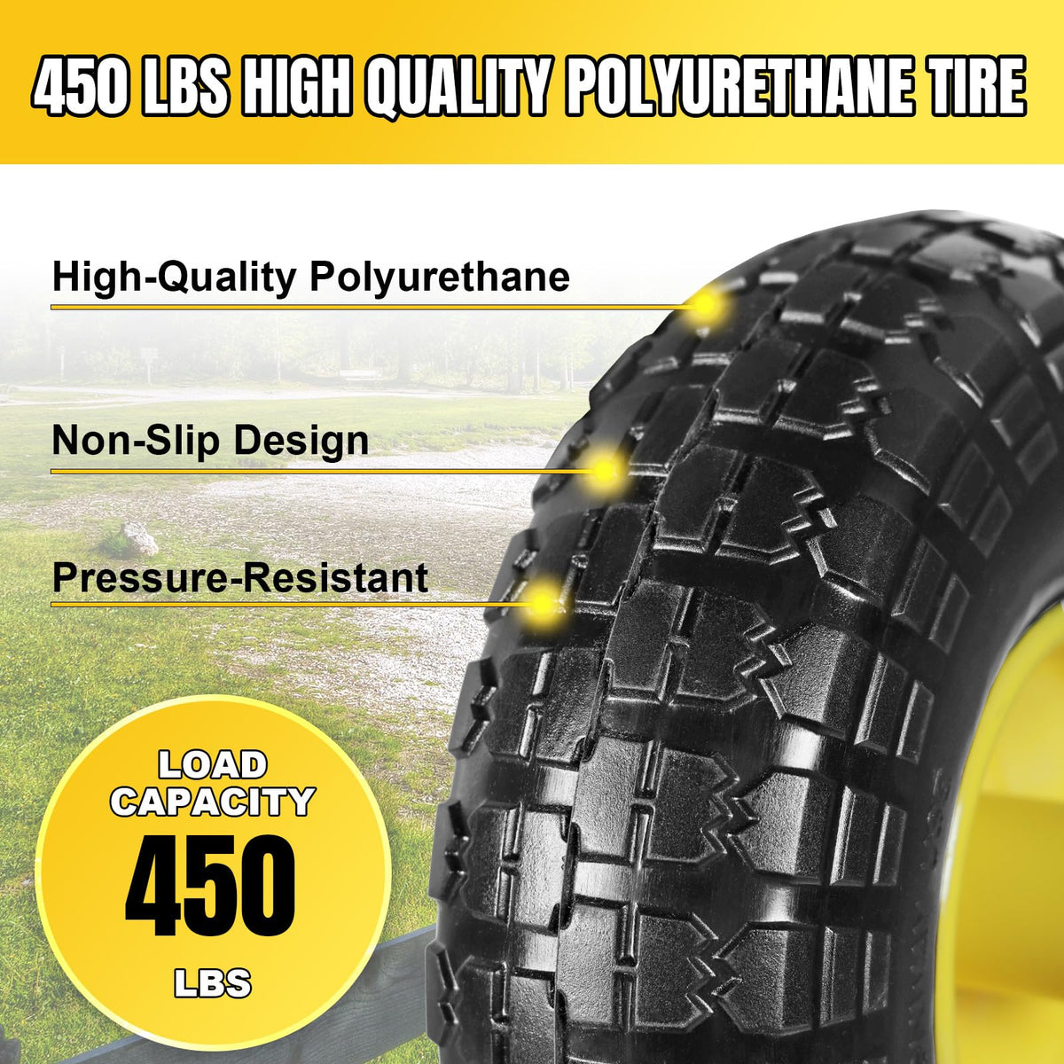 Jack Boss puncture-resistant solid rubber wheel ideal for lawn mower use