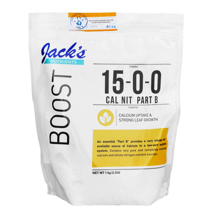 Jack's Classic Part B bottle shows calcium nitrate for plant growth