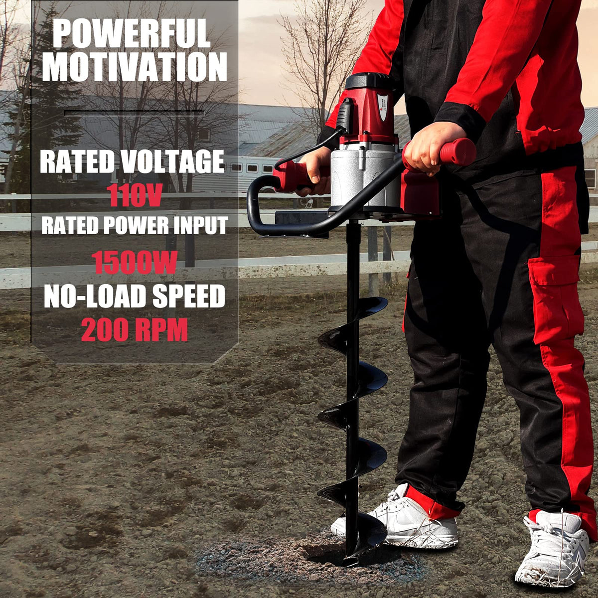 JACKCHEN electric post-hole digger with 4-inch bit ready for tight planting holes.