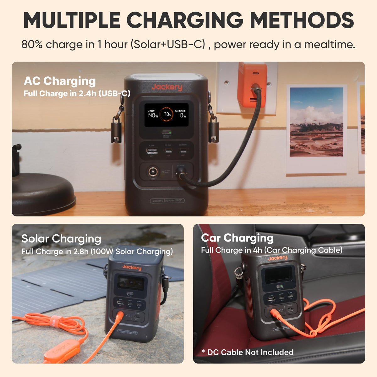 Jackery Explorer 240D supports up to 100W solar charging for off-grid power