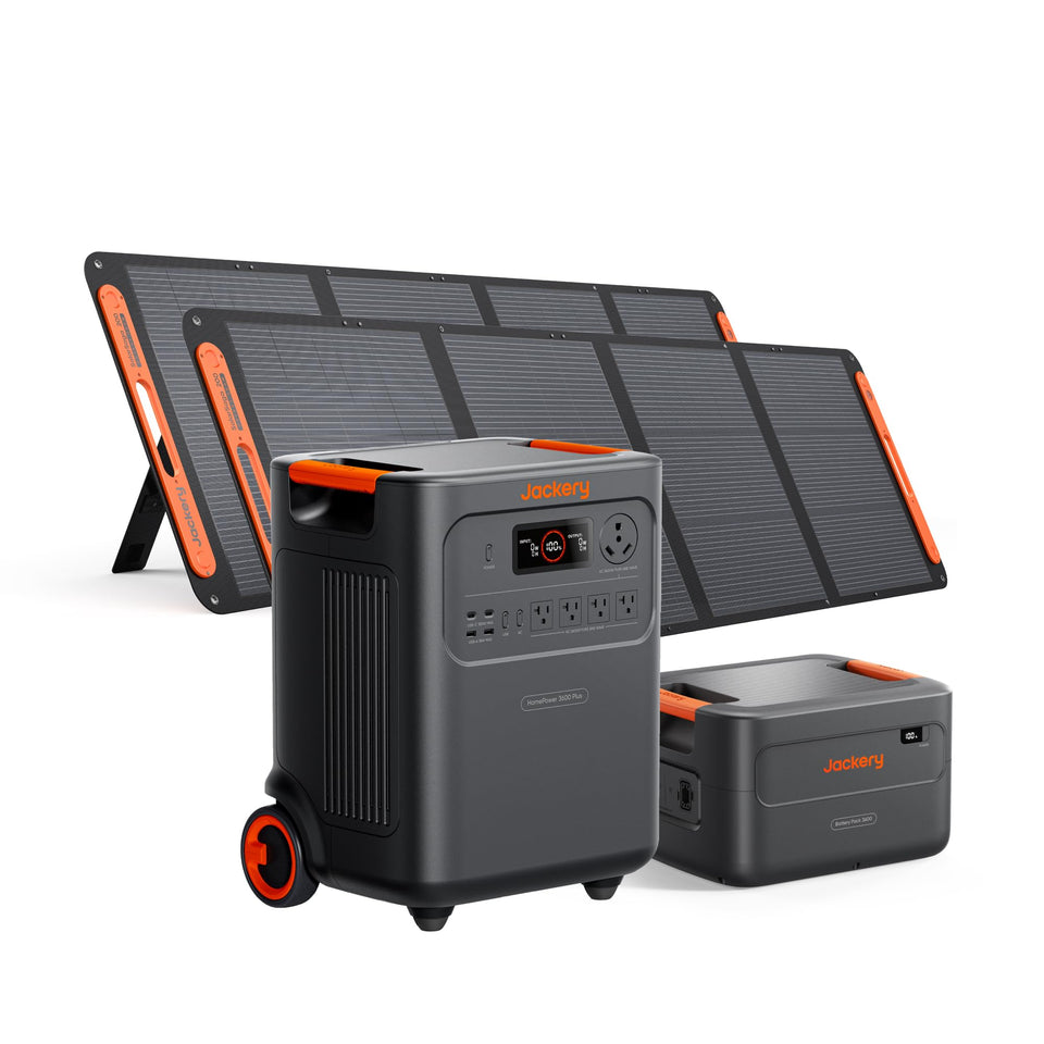 Jackery HomePower 3600 Plus main unit on table powering essential devices.