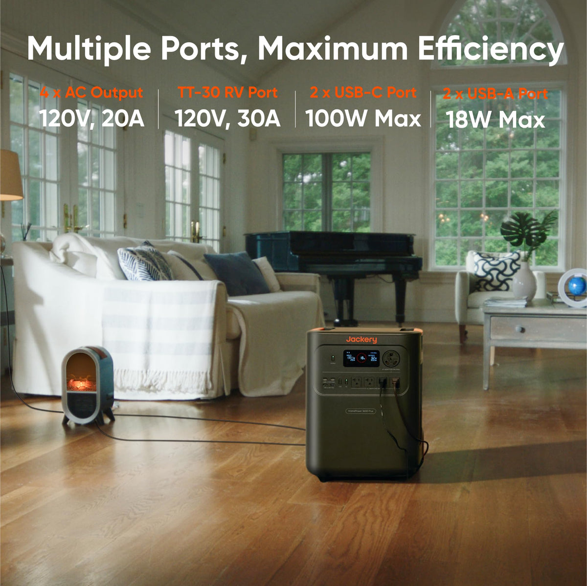 Solar charging mode demonstrates outdoor recharging with renewable energy.