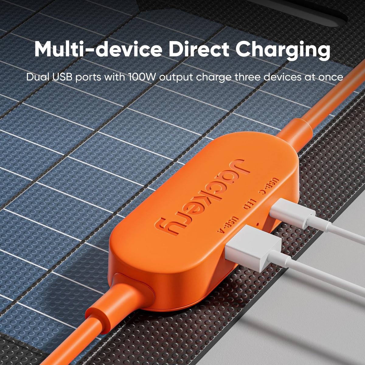 Jackery SolarSaga 100W Air dual USB ports charge multiple devices.