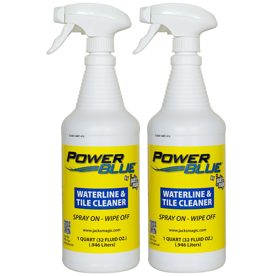 Jack's Magic Power Blue Water Line & Tile Cleaner bottle cleans mineral buildup on lines and tiles.
