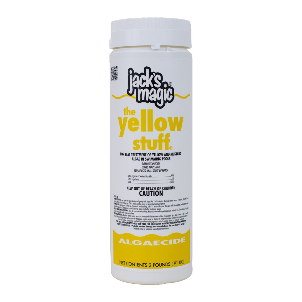 Jack's Magic The Yellow Stuff algaecide bottle for fast algae control and preventative pool care.