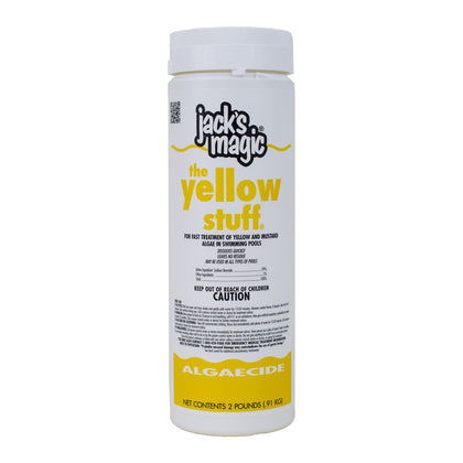 Jack's Magic The Yellow Stuff algaecide bottle for fast algae control and preventative pool care.