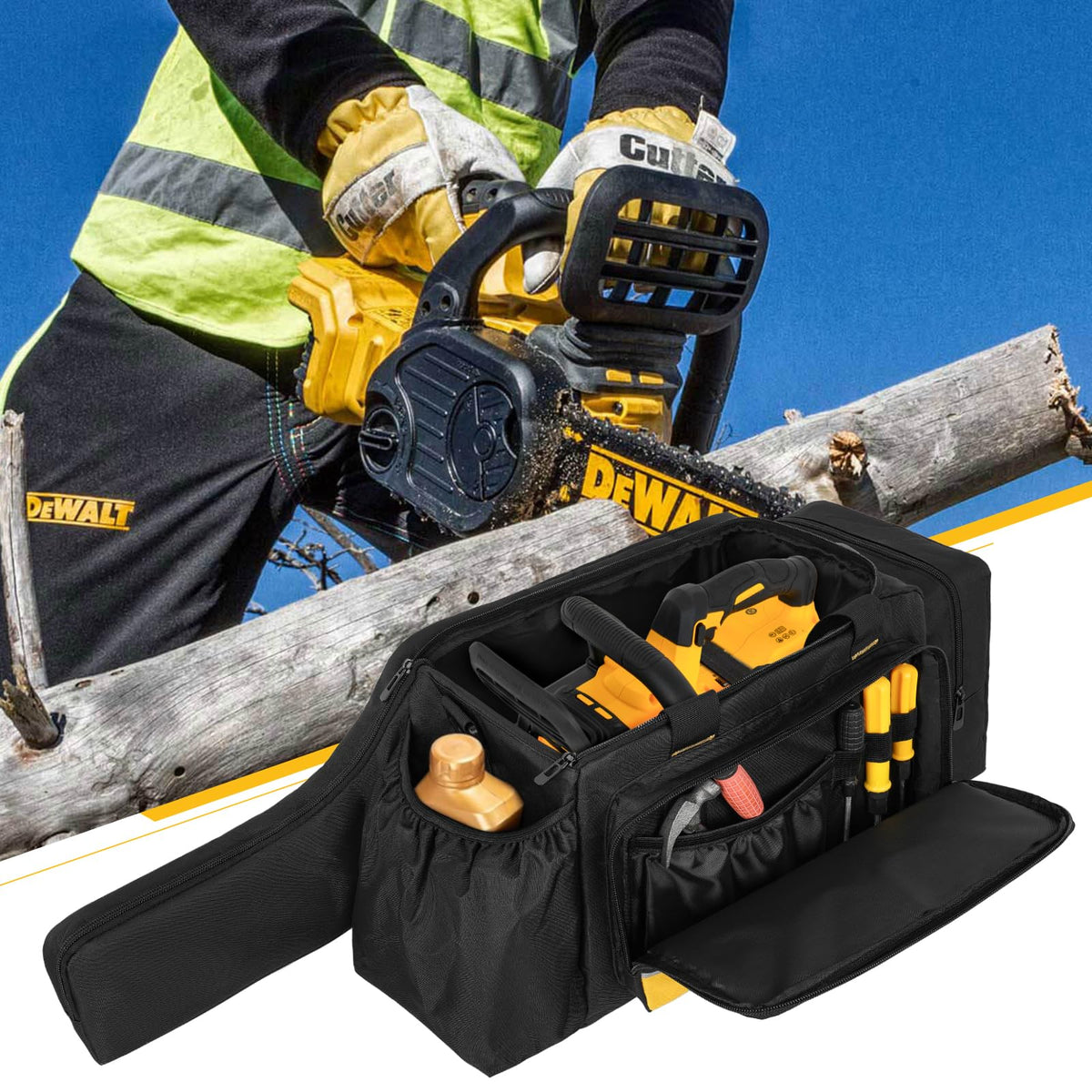 Jaffzora chainsaw case right pocket stores batteries and gloves neatly.