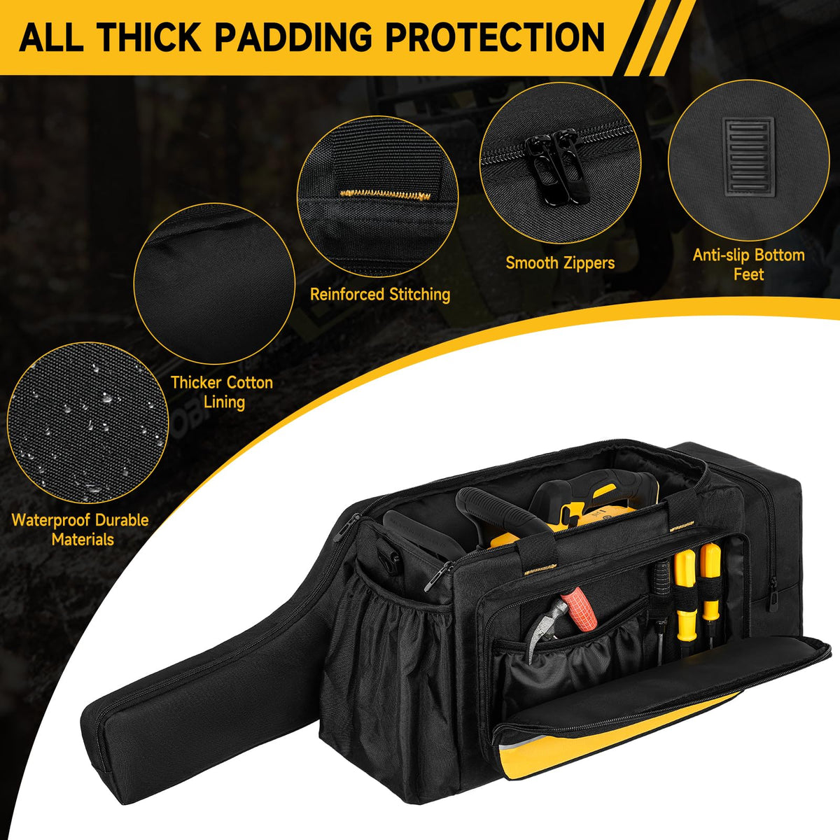 Jaffzora chainsaw case sturdy PE foam base adds structure and impact resistance.