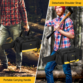 Jaffzora chainsaw case front pocket organization with elastic cords keeps tools handy.