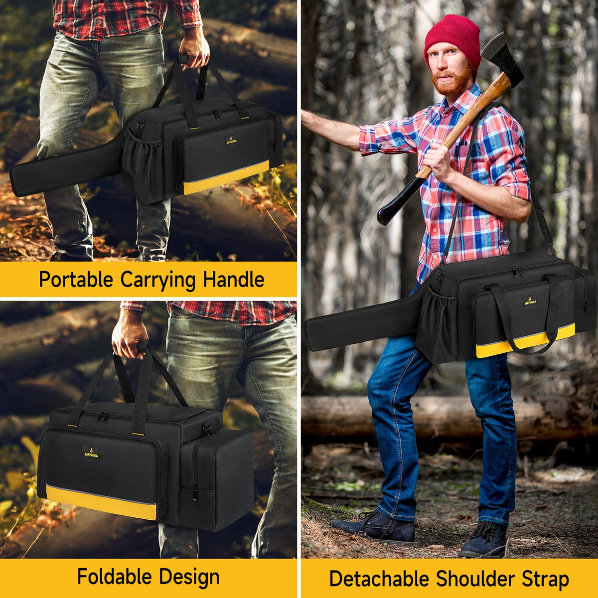 Jaffzora chainsaw case side pockets store batteries and gloves