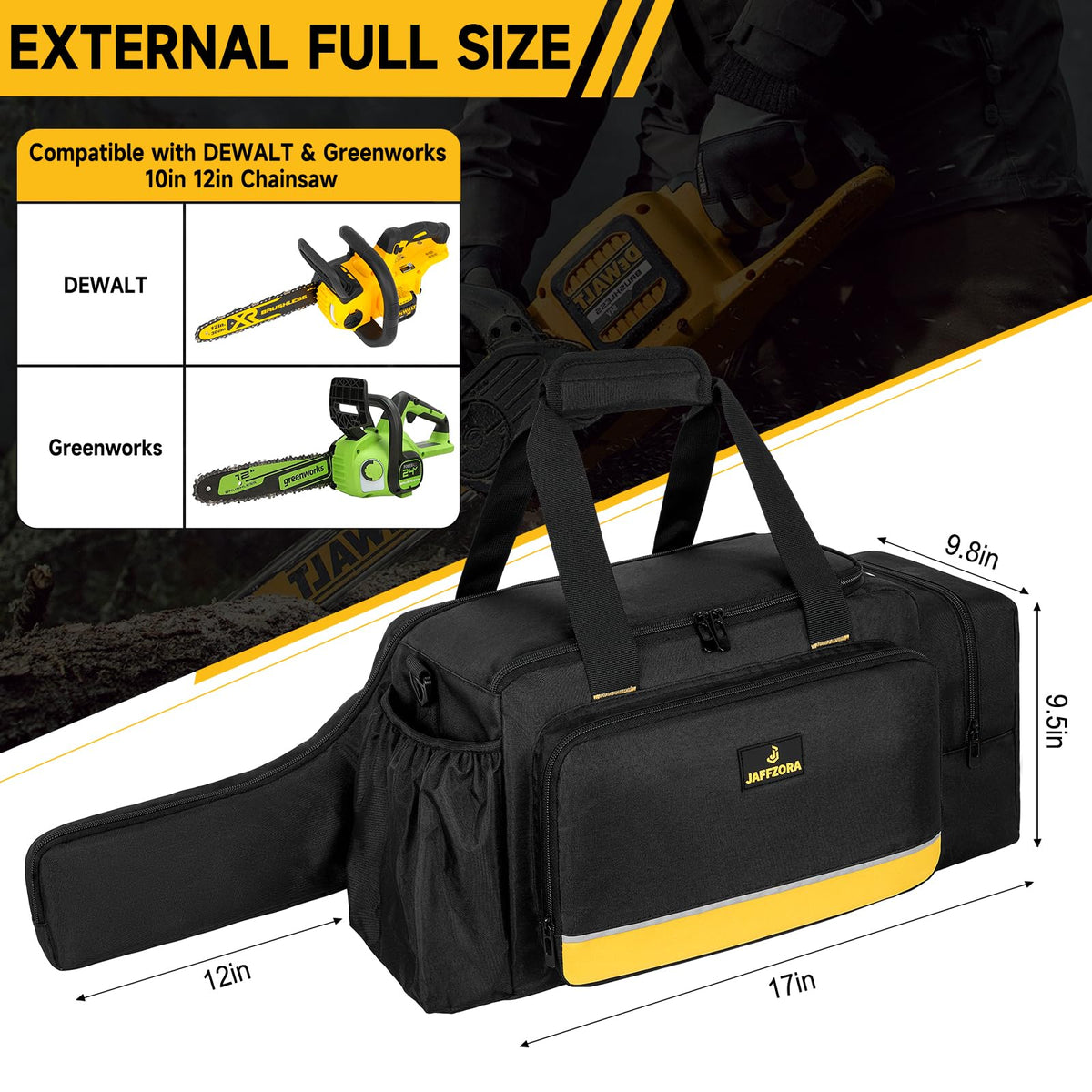 Jaffzora chainsaw case side pocket stores oils and accessories securely.