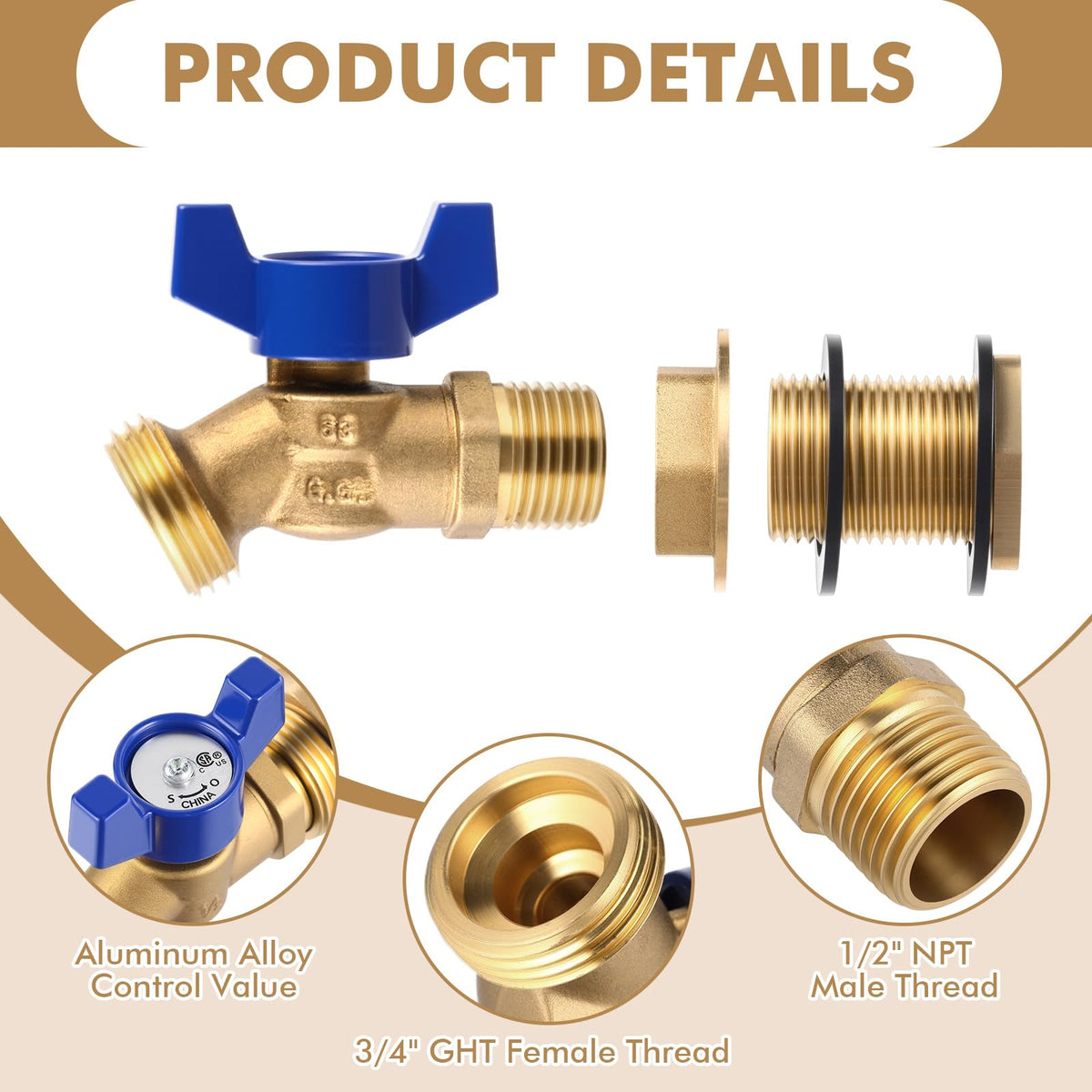 JaGely brass bulkhead fittings with spigot, back view.