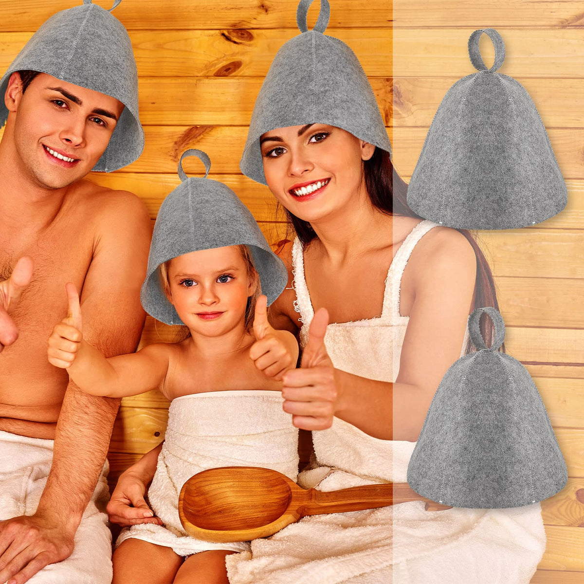JaGely sauna hat gray worn on head illustrates comfortable fit for all