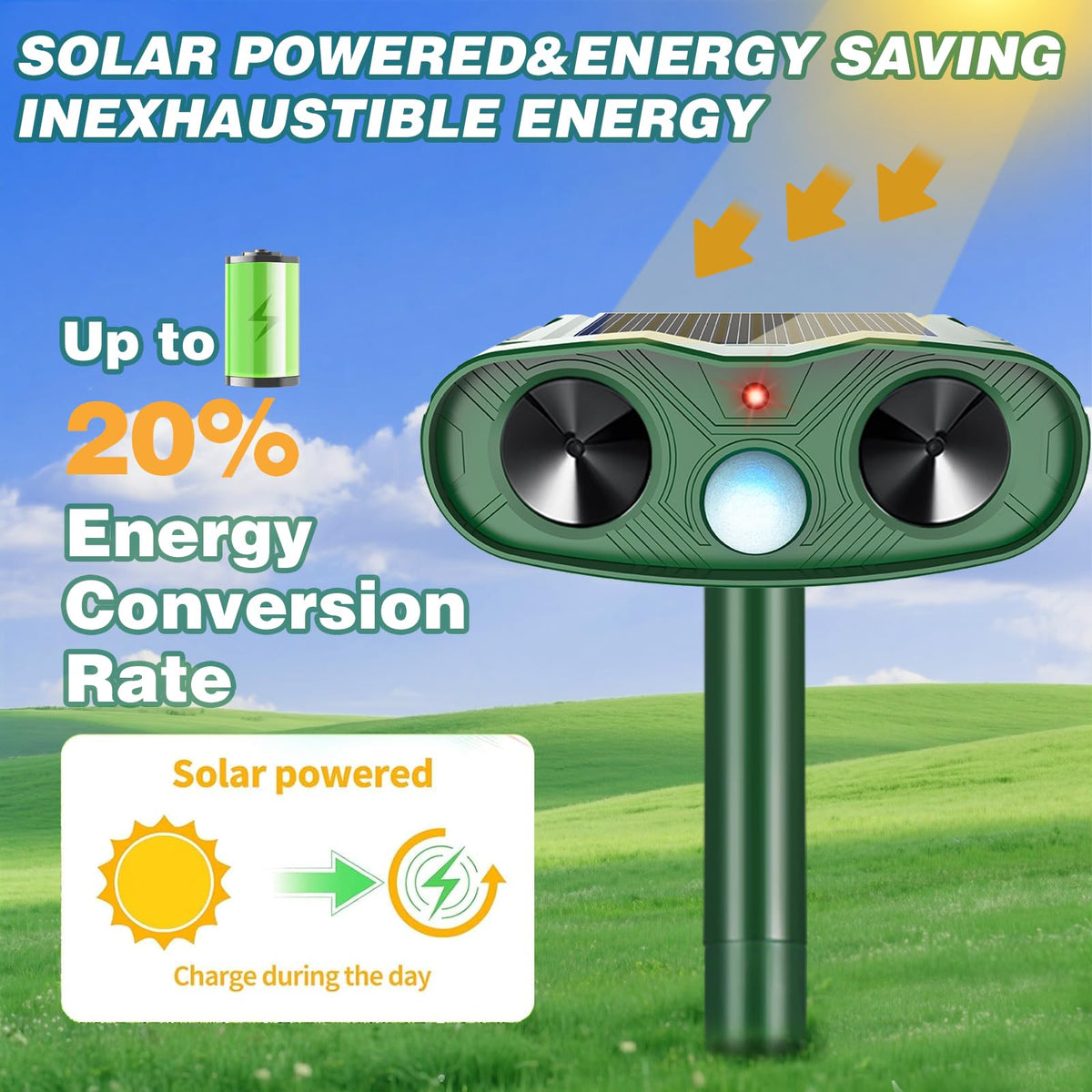 Solar-powered deterrent emits ultrasonic waves at dusk for gardens.
