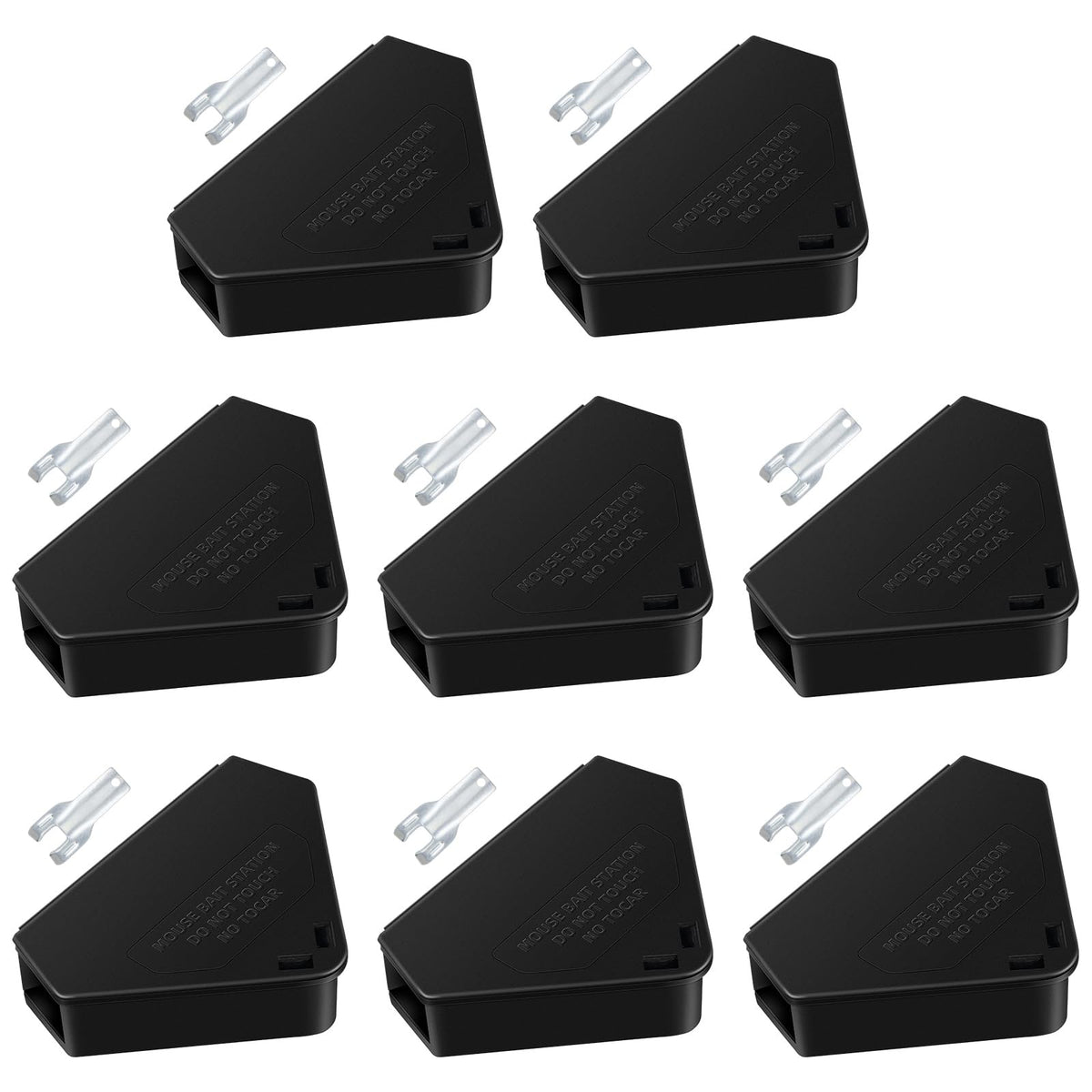 Jahy2Tech eight-pack mouse bait stations with keys for indoors and outdoors.
