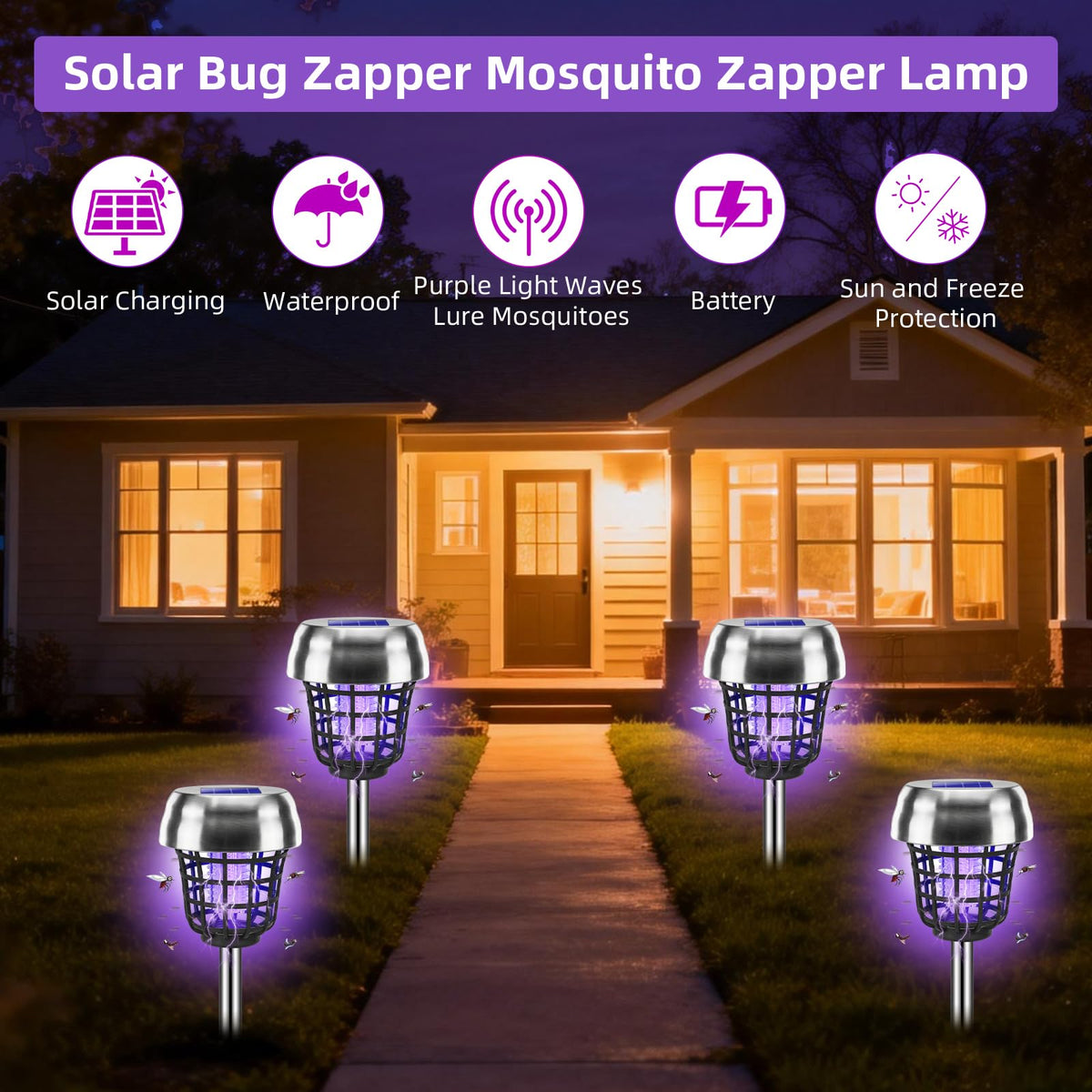 Jahy2Tech solar powered bug zapper dusk operation near a backyard.