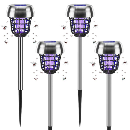 Jahy2Tech solar powered bug zapper front view protecting a patio at dusk.