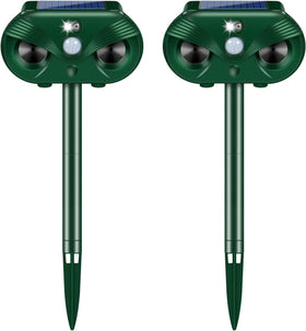 Jahy2Tech solar ultrasonic animal repeller front view deters deer and raccoons.