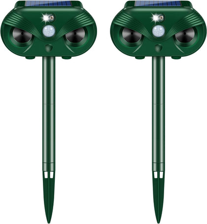Jahy2Tech solar ultrasonic animal repeller front view deters deer and raccoons.