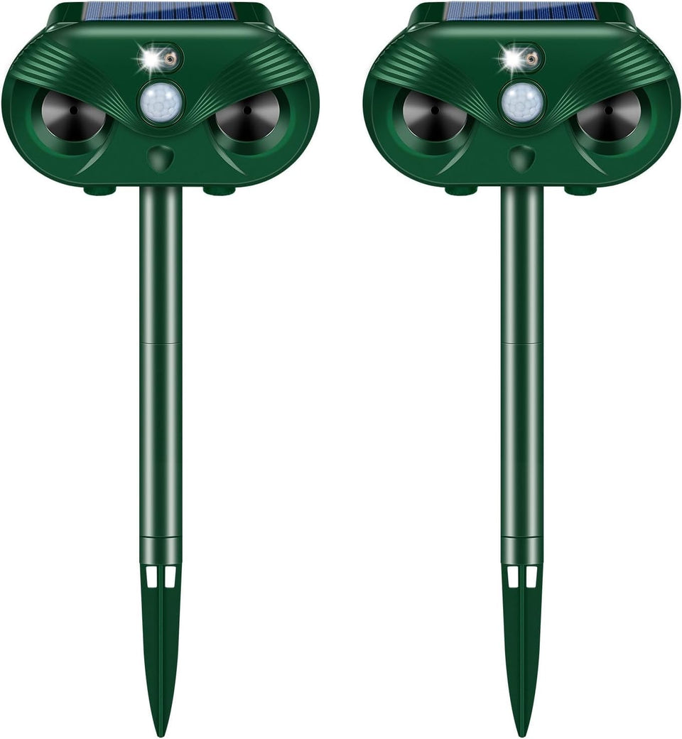 Jahy2Tech solar ultrasonic animal repeller front view deters deer and raccoons.