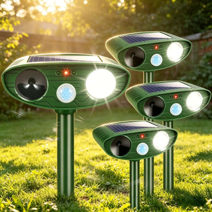 Jahy2Tech Solar Ultrasonic Animal Repeller front view demonstrates humane deterrence for yard visitors.