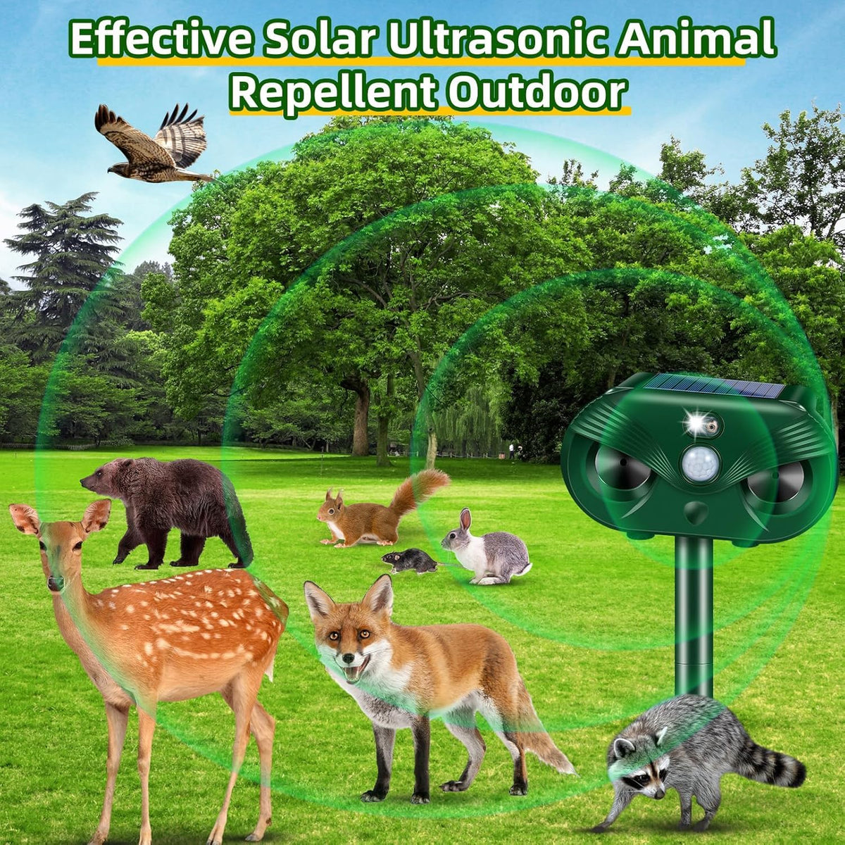 Jahy2Tech solar ultrasonic animal repeller side view protects gardens.