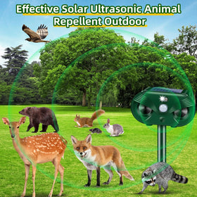 Jahy2Tech solar ultrasonic animal repeller side view protects gardens.