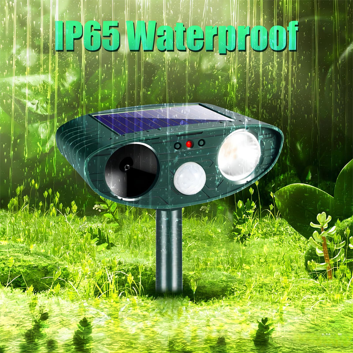 Jahy2Tech Solar Ultrasonic Animal Repeller with strobe light deters nocturnal visitors.