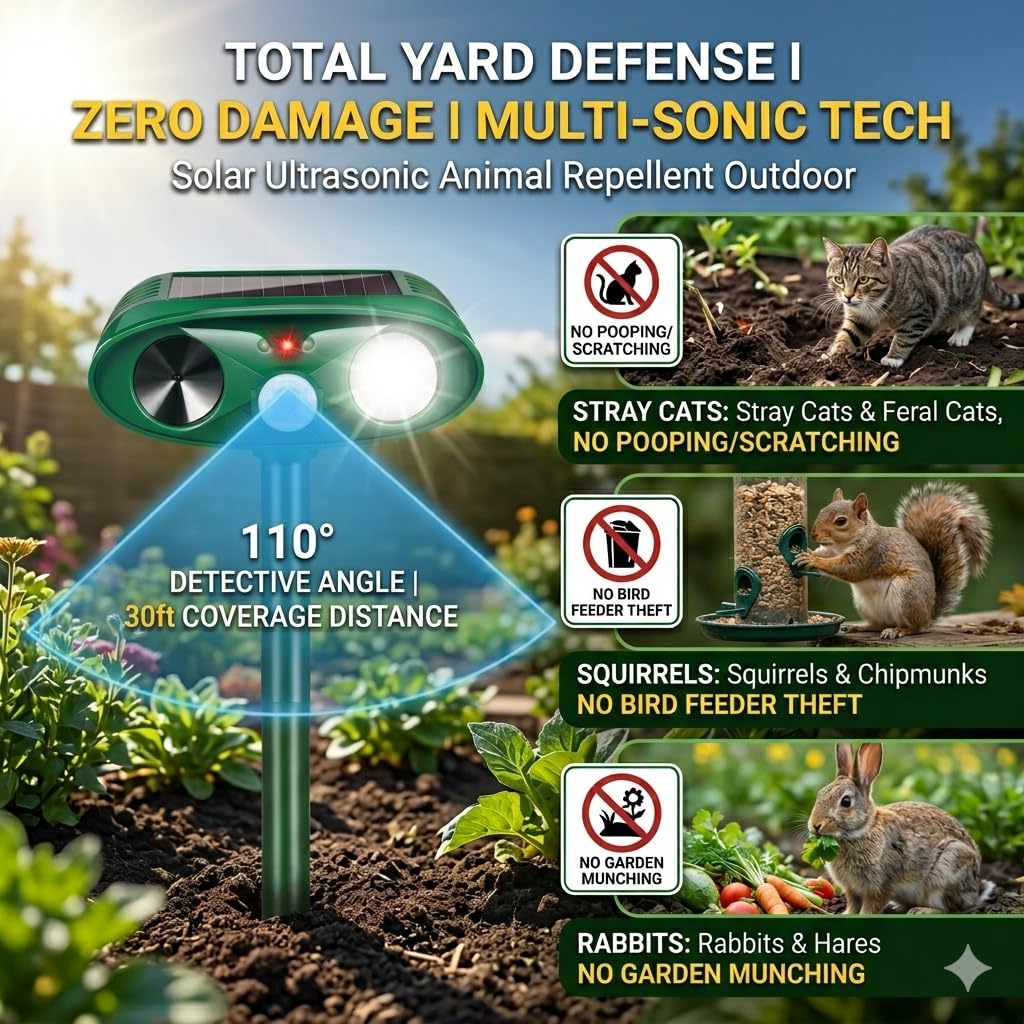 Jahy2Tech Solar Ultrasonic Animal Repeller shown in daylight for yard protection