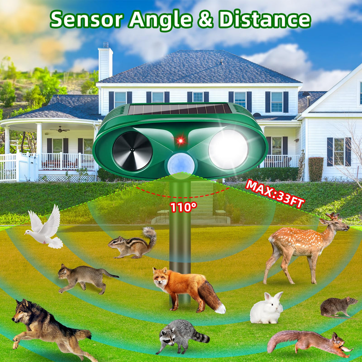 Jahy2Tech deterrent side view shows compact weatherproof housing for outdoor use.