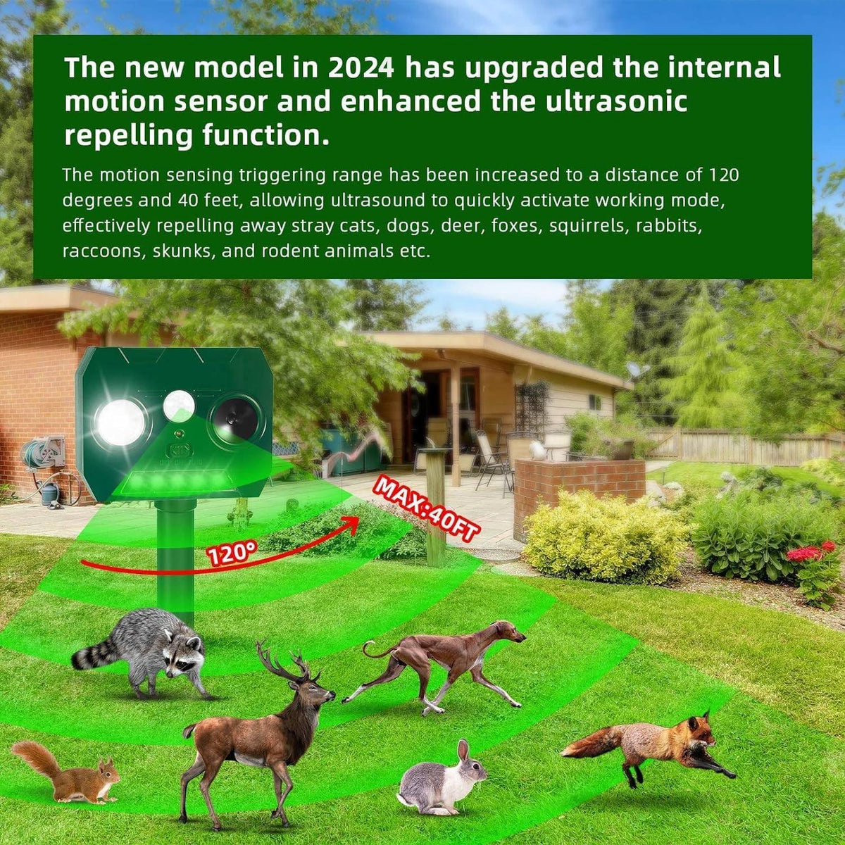Jahy2Tech Sonic Fortress Pro raccoon deterrent protects outdoor trash areas.
