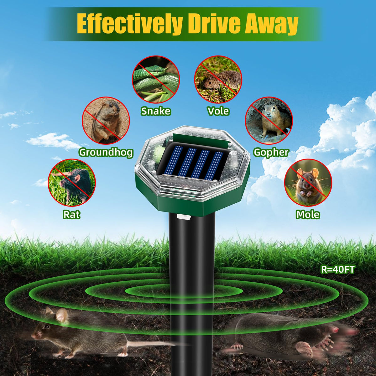 Jahy2Tech ultrasonic deterrent closeup shows compact, solar-powered pest protection for gardens.