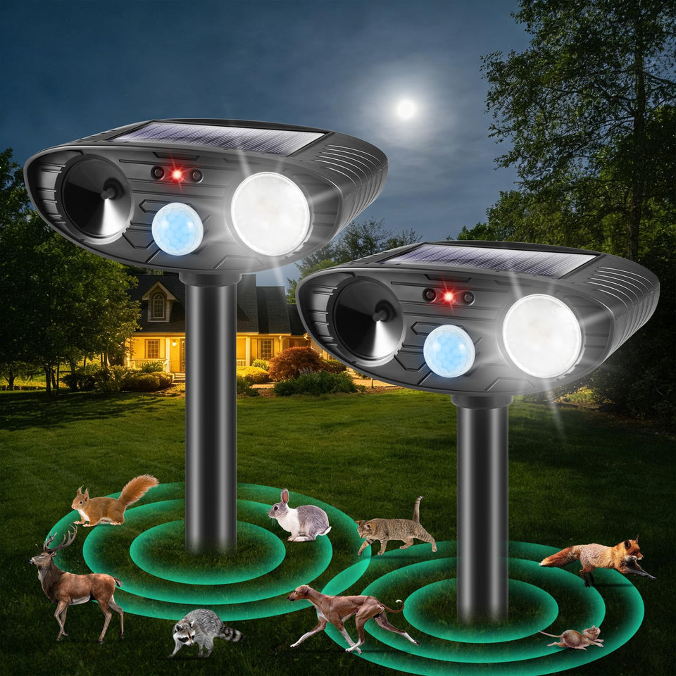 JahyElec 2Pack Solar Ultrasonic Cat Repellent Outdoor protects gardens.
