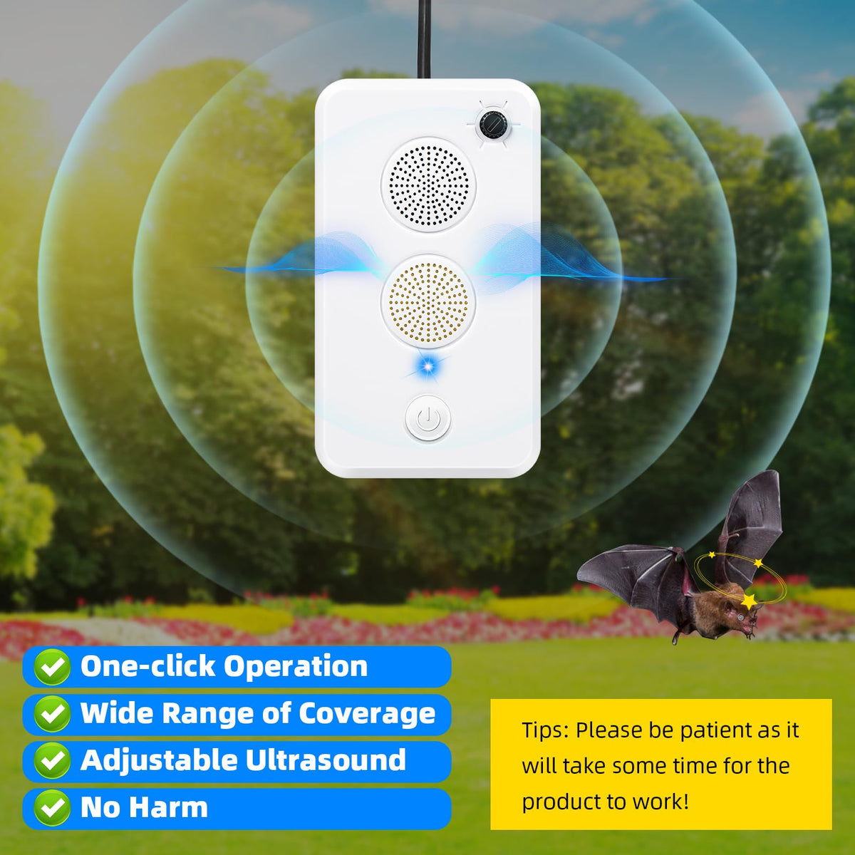JahyElec rechargeable bat deterrent offers USB-powered use for indoor or outdoor setups.