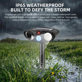 JahyElec LED strobe ultrasonic deterrent highlights deterrence in action.