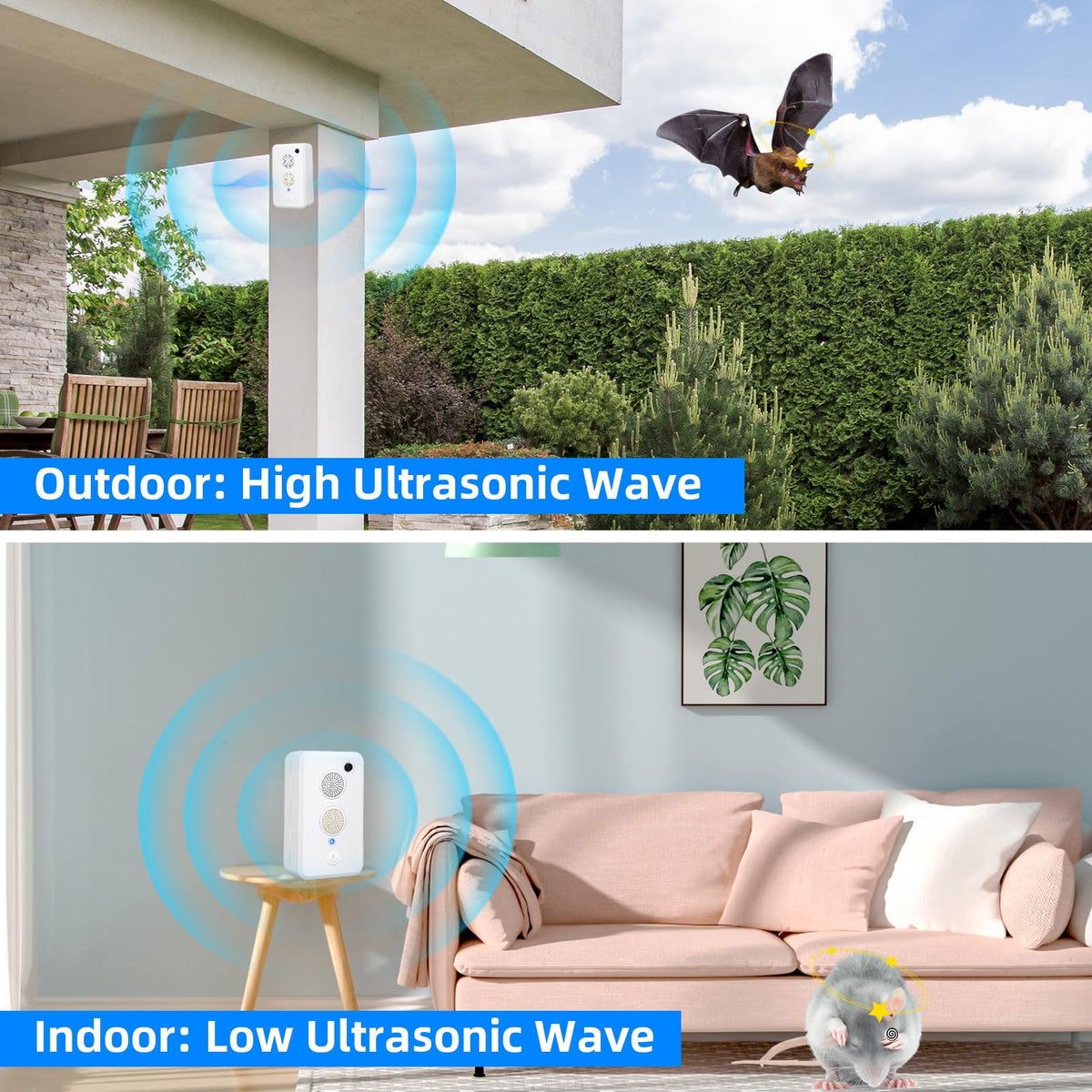 JahyElec deterrent device covers up to 2,000 sq ft for comprehensive bat control.