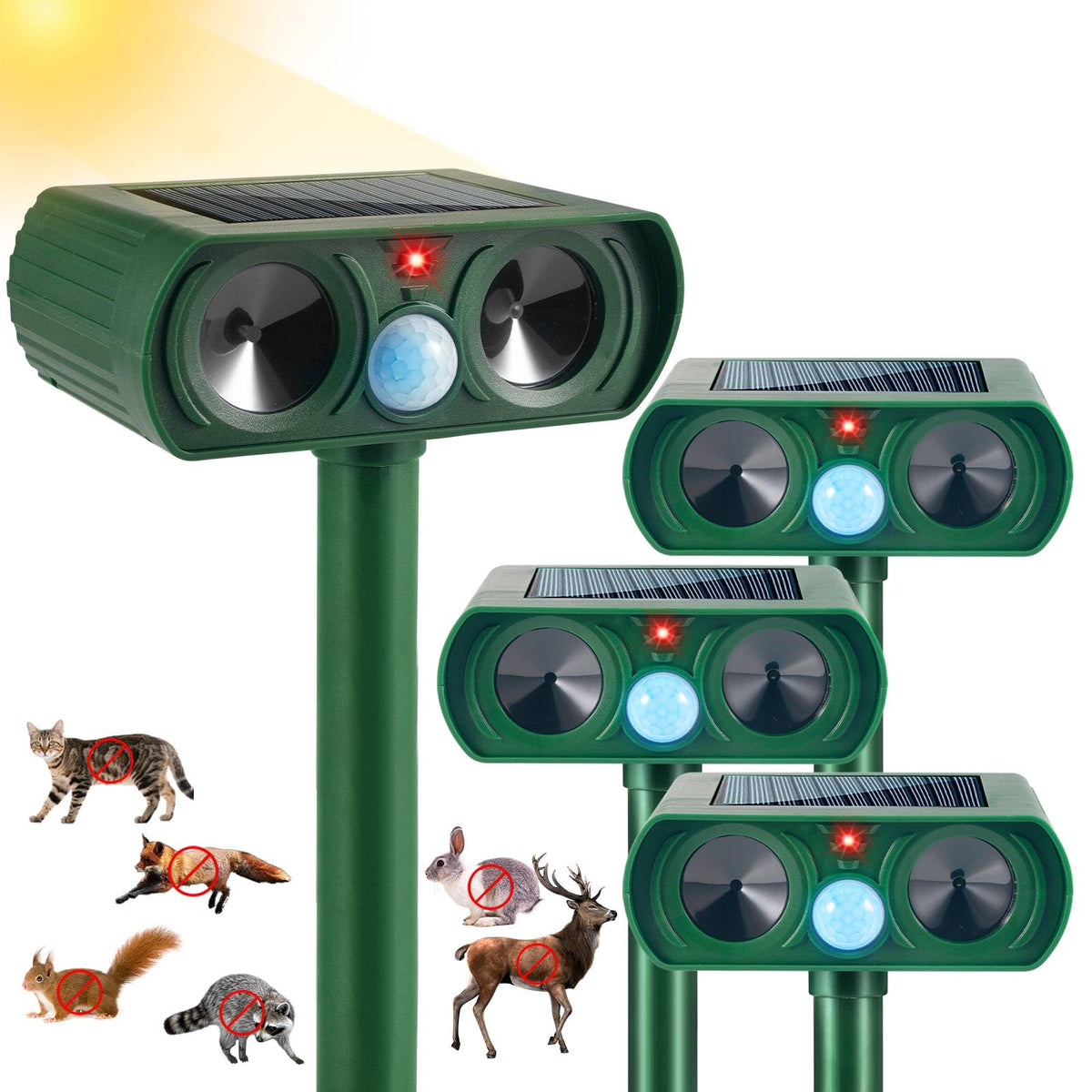 JahyElec solar animal repeller front view deterring wildlife in the garden