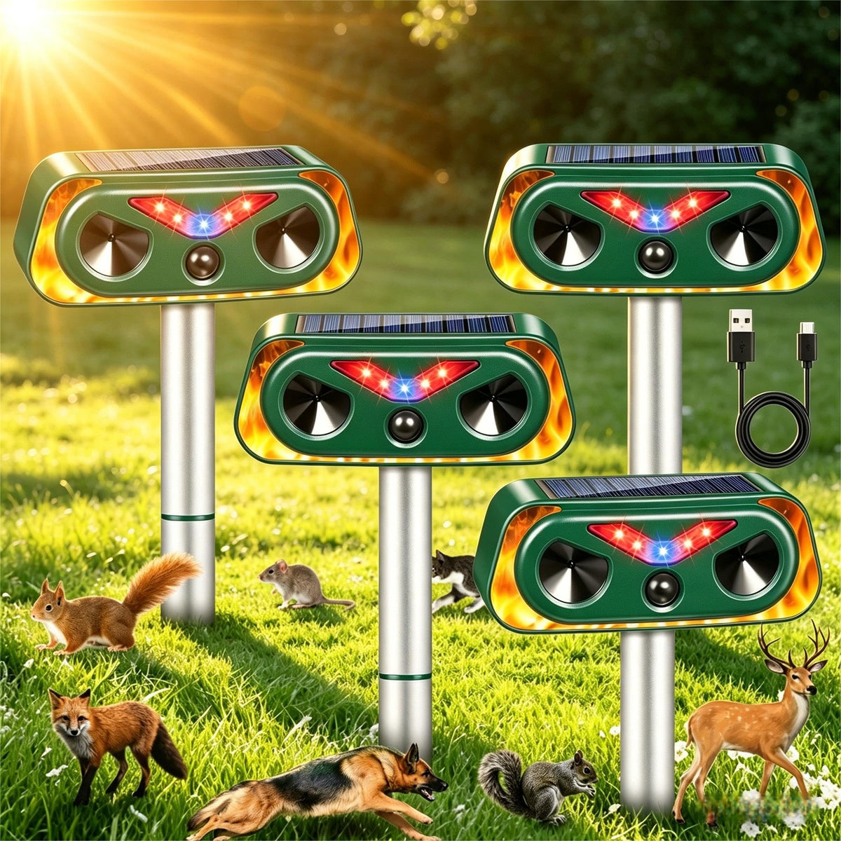 JahyElec Solar Ultrasonic Animal Repeller front view protects gardens humanely.