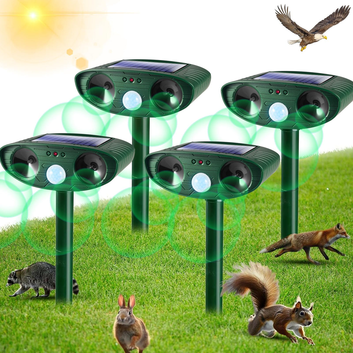 JahyElec solar ultrasonic repeller front view deters wildlife without harm.